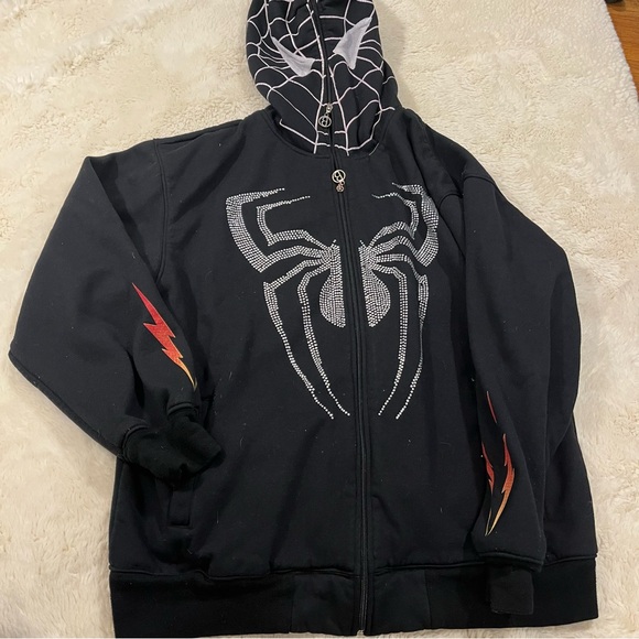 Vintage Y2K Boom Nation Spider-man Hoodie Full Face Zip Marvel Rhinestones Large - Picture 1 of 5
